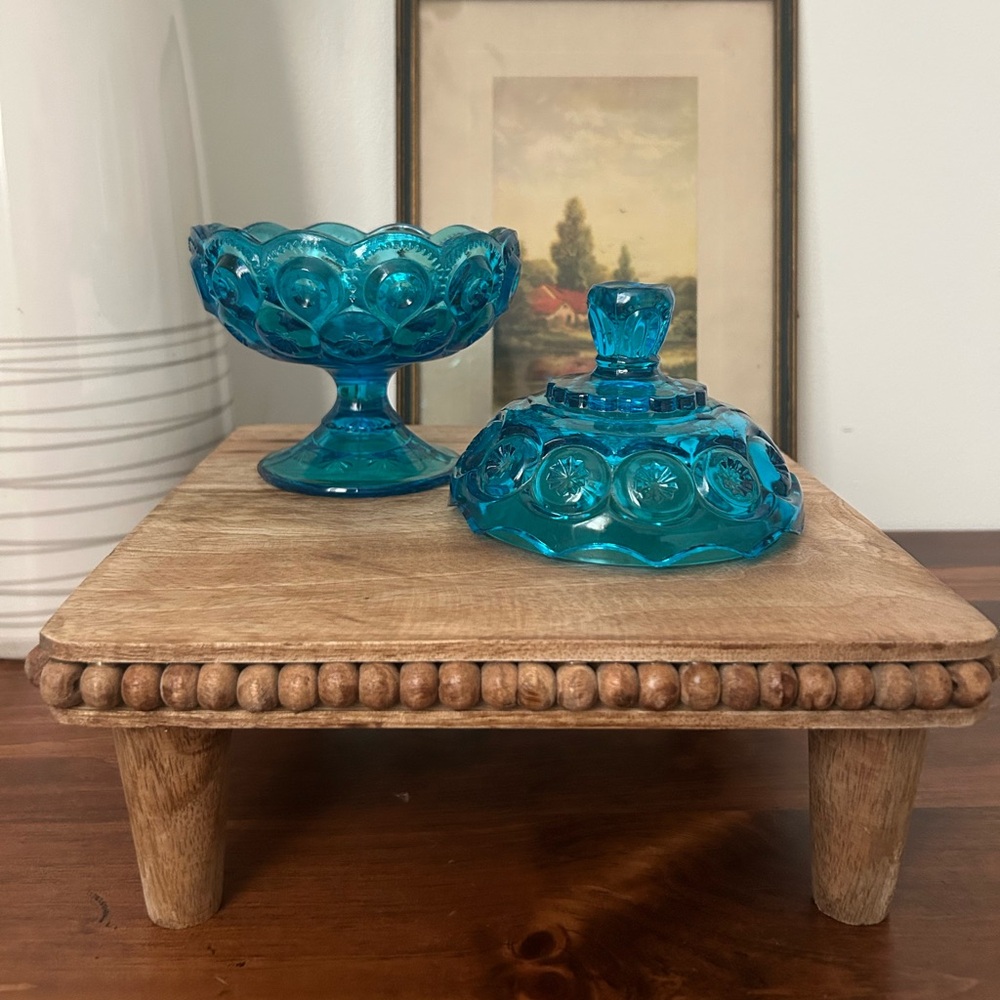 L.E. Smith Moon and Star Pedestal Blue Candy Dish Compote - Picture 3 of 5